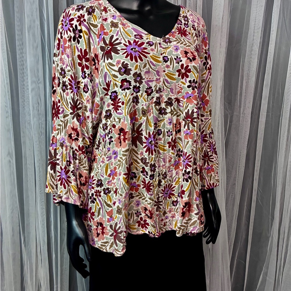 Floral V-Neck Blouse with Bell Sleeves